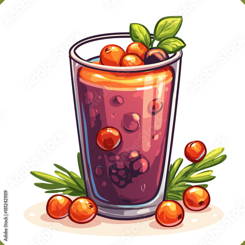 Vector illustration of a tall glass of berry smoothie with cream, blueberries, cranberries, leaves, isolated on a white background. Vector illustration of cold fruit beverage on white background