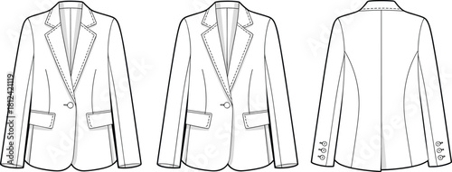 Women’s tailored blazer technical fashion flat, front and back garment template with lapel details, stylish jacket outline, cad drawing flat vector illustration