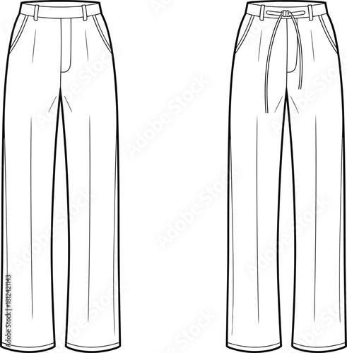 CAD drawing flat vector illustration of tailored wide-leg trousers showing detailed front and back technical views for apparel design and garment production.