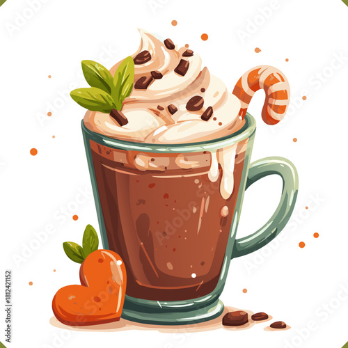 Vector illustration of a cup of hot chocolate with whipped cream, chocolate pieces, mint leaves, heart decoration, isolated on a white background. Vector illustration of winter aromatic beverage