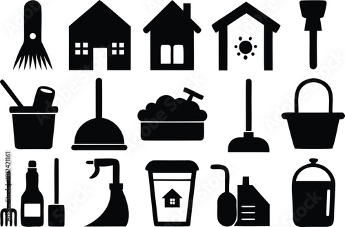 Cleaning Tools and Supplies Icons Set Keywords: cleaning, tools, supplies, icon, brush, house