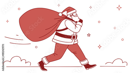 Santa claus running with a big sack full of gifts on his back with stars and clouds around him
