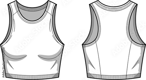 CAD drawing flat vector illustration of sleeveless crop top fashion technical sketch, front and back garment template for apparel design