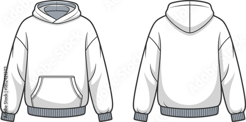 Hoodie front and back CAD drawing, flat fashion vector sketch of sweatshirt design with hood, pocket, ribbed cuffs and technical details
