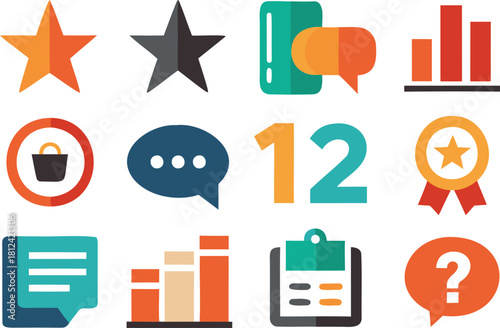 Collection of Flat Icons for Business and Communication Keywords: star icon, rating icon, chat