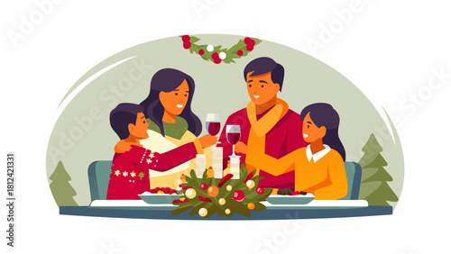 Family celebrating christmas with a toast at a decorated table with tree and wreath in background