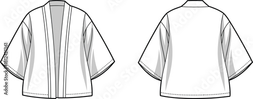 Kimono cardigan front and back template, loose sleeve fashion garment mockup, clothing outline sketch for designers and apparel creators – cad drawing flat vector illustration