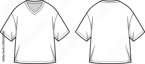 V-neck oversized T-shirt front and back template, blank clothing mockup for fashion designers, apparel outline technical sketch – cad drawing flat vector illustration