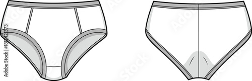 CAD drawing flat vector illustration of underwear design template showcasing front and back technical views for apparel production detailing.