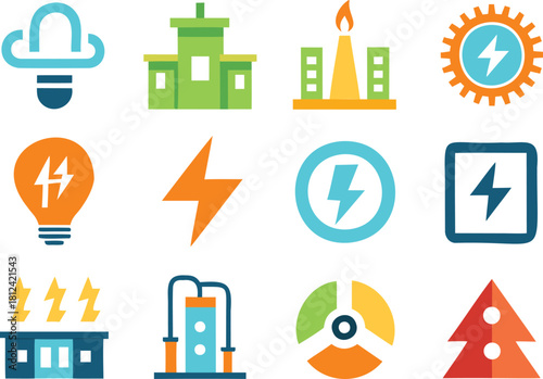 Energy and Electricity Icons Set Keywords: energy, electricity, icon, set, light bulb, building
