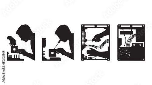 Set of electronics assembly icons silhouette vector illustration of a person working on circuit boards isolated on white background