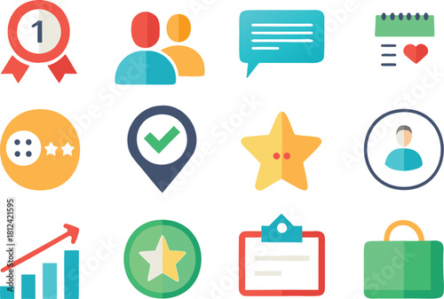 Flat Icons for Business Success and Feedback Keywords: medal icon, number 1 icon, people icon