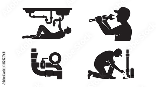Plumbing service vector icons showing plumber fixing pipes and drain isolated on white background