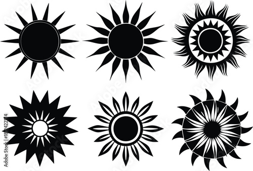 Six Black Silhouette Sun Symbols with Spiky Rays icon