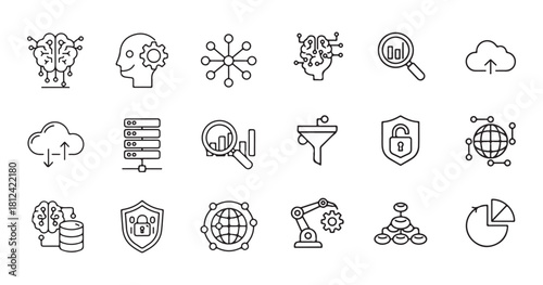 AI Line Icons Pack – Data Science, Cloud Sync, Neural Network, Blockchain & Tech Outline Symbols