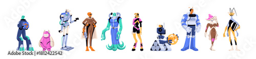 Aliens in spacesuit set. Row of diverse friendly monsters from universe, galaxy. Astronauts of UFO, humanoid robots, interplanetary being, space characters. Flat isolated vector illustrations on white