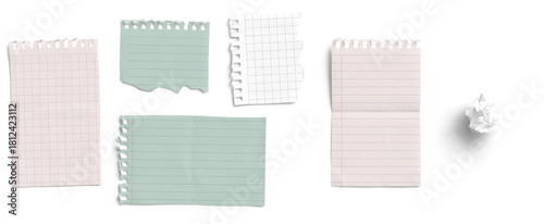 Torn Pastel Note Papers and Crumpled Scrap on White