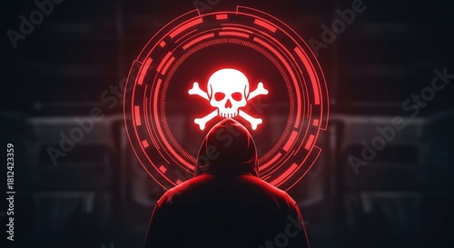 Persons silhouette facing a glowing red skull and crossbones symbol within a futuristic digital interface, representing cyber threat, hacking, and digital danger
