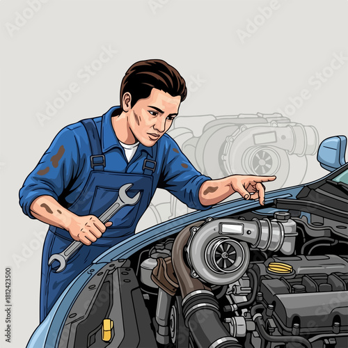 Car repair shows mechanic pointing at car engine with wrench in hand. Car repair takes place at automobile repair shop by professional mechanic in uniform.