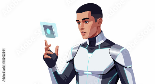 Man with hologram interface shown as futuristic technology. Futuristic technology display with man exploring interface, modern tech hologram device. Futuristic technology as innovation,