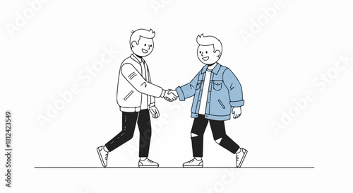 Handshake between two young men in black and white drawing, friends shake hands in simple line art style. Two guys shake hands illustrating agreement, partnership, or greeting.