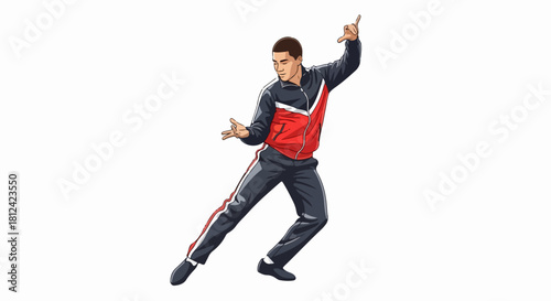 Man in sportswear poses, a dynamic pose in modern athletic wear, full-length shot on white. Man in sportswear in a cool pose, wearing jacket and pants, shows dance position.