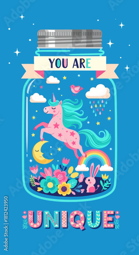A colorful illustration of a magical unicorn inside a jar with a rainbow, clouds, and stars, symbolizing uniqueness and individuality