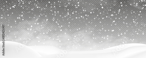 Snowdrifts, winter background for banners, advertising, and postcards. Winter landscape with snow-covered hills, falling snow, blizzard, snowstorm, vector, 3D effect.