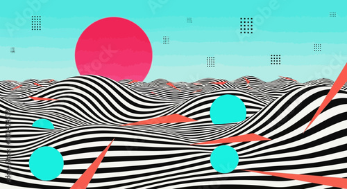 Abstract digital art with wavy black and white patterns, red sun, and blue circles on a turquoise background