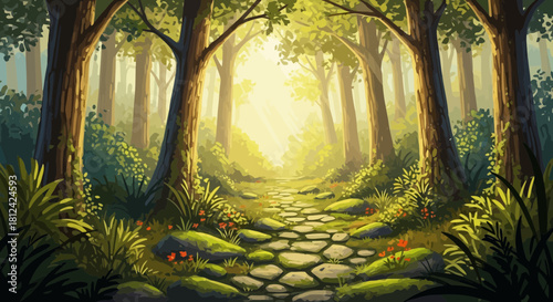 Sunlight streaming through a dense forest with a stone path leading into the distance, surrounded by tall trees and lush greenery