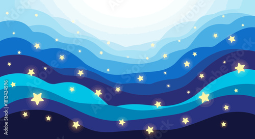 Beautiful abstract blue wave pattern with sparkling stars and wavy lines on a dark blue background
