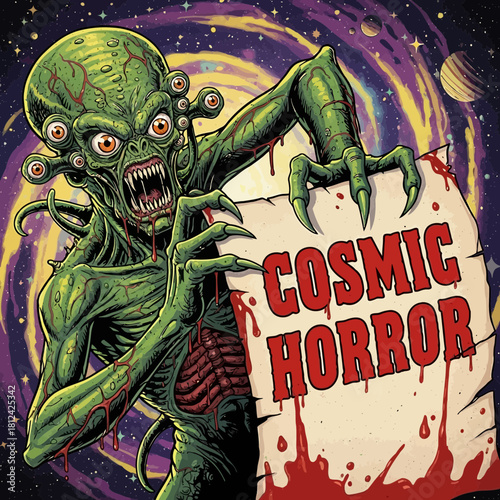 Cosmic horror illustration featuring an alien creature with tentacles and glowing eyes, evoking a sense of dread and mystery