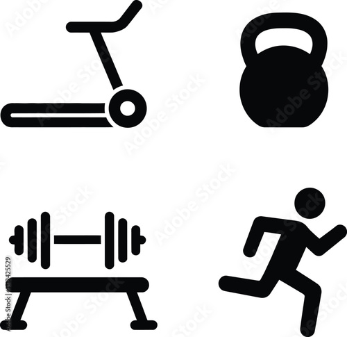 Fitness and exercise equipment icons for gym and active lifestyle