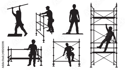 Scaffolding construction worker silhouettes vector illustration of construction site workers isolated on white background