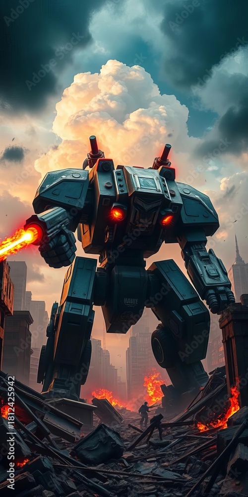 Obraz premium Massive mech amidst city ruins, guns blazing, apocalyptic storm clouds, menacing, action