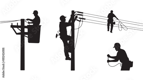 Silhouette of electrical workers repairing power lines vector illustration of linemen working on utility poles isolated on white background