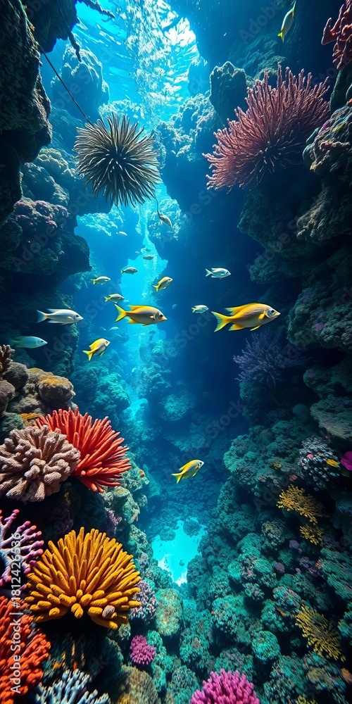 Obraz premium Underwater labyrinth fish swim through vibrant coral reef, ecosystem, wildlife
