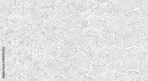 Abstract seamless pattern of intricate geometric hexagonal shapes and isometric cubes forming a complex digital background texture in monochrome line art