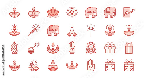 Set of colorful icons representing various cultural and festive elements like elephants, gifts, and hands