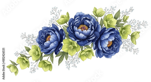 Beautiful watercolor illustration of a floral arrangement featuring three deep blue peonies surrounded by light green hellebores and delicate white filler flower sprigs, isolated on