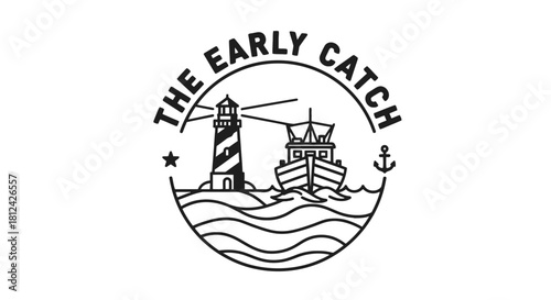 Minimalist black and white line art logo design featuring a lighthouse, fishing boat, and ocean waves with text the early catch isolated on