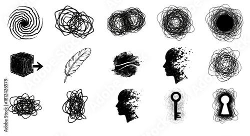 Collection of abstract handdrawn doodle icons representing confusion, thought process, mind, key, and feather isolated on