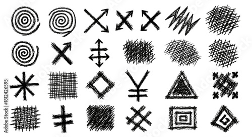Collection of hand drawn sketchy black doodle icons, symbols, arrows, and abstract shapes isolated on