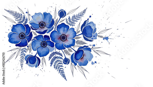 Beautiful watercolor bouquet of vibrant blue anemone flower illustration with delicate fern leaf detail isolated on