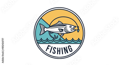 Vintage style circular emblem or badge design featuring a fish hooked on a lure above water waves with the word fishing below, isolated on