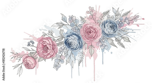 Delicate watercolor floral arrangement with pink and blue roses and foliage, isolated on