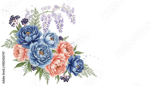 Watercolor floral bouquet with blue and peach peonies, wisteria, and dark berry accents isolated on