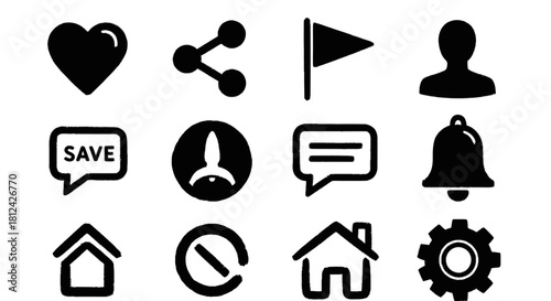 Set of twelve black solid user interface icons including heart, share, flag, profile, save, rocket, message, bell, home, forbidden, house, and gear isolated on