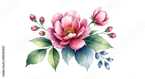 Beautiful watercolor illustration of a pink rose flower bouquet with green and blue leaves isolated on for wedding invitation design