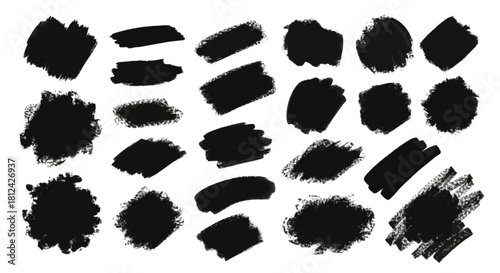 Collection of black grunge paint brush strokes and smudges isolated on for artistic design element use